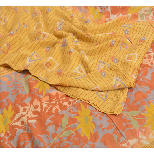 Sanskriti Vintage Sarees Indian Yellow Pure Crepe Silk Printed Sari Craft Sustainable Fabric