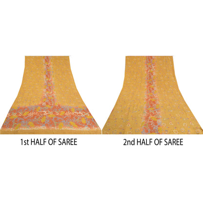 Sanskriti Vintage Sarees Indian Yellow Pure Crepe Silk Printed Sari Craft Sustainable Fabric