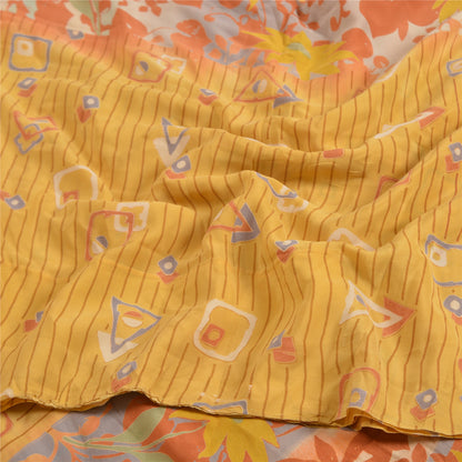 Sanskriti Vintage Sarees Indian Yellow Pure Crepe Silk Printed Sari Craft Sustainable Fabric