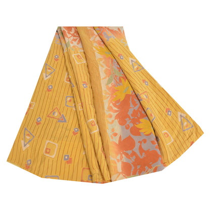 Sanskriti Vintage Sarees Indian Yellow Pure Crepe Silk Printed Sari Craft Sustainable Fabric