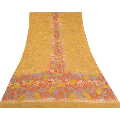 Sanskriti Vintage Sarees Indian Yellow Pure Crepe Silk Printed Sari Craft Sustainable Fabric
