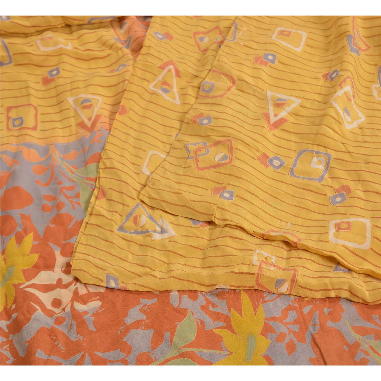 Sanskriti Vintage Sarees Indian Yellow Pure Crepe Silk Printed Sari Craft Sustainable Fabric