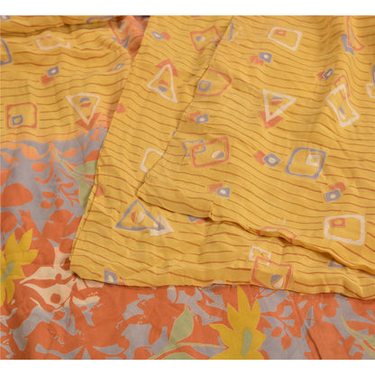 Sanskriti Vintage Sarees Indian Yellow Pure Crepe Silk Printed Sari Craft Sustainable Fabric