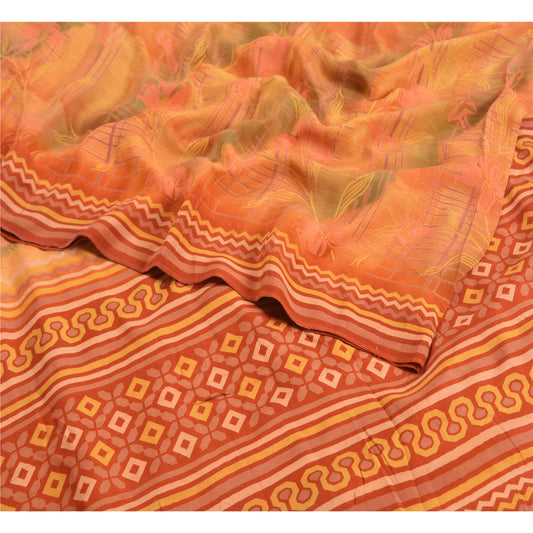 Sanskriti Vintage Sarees Orange 100% Pure Crepe Silk Printed Sari Craft Sustainable Fabric
