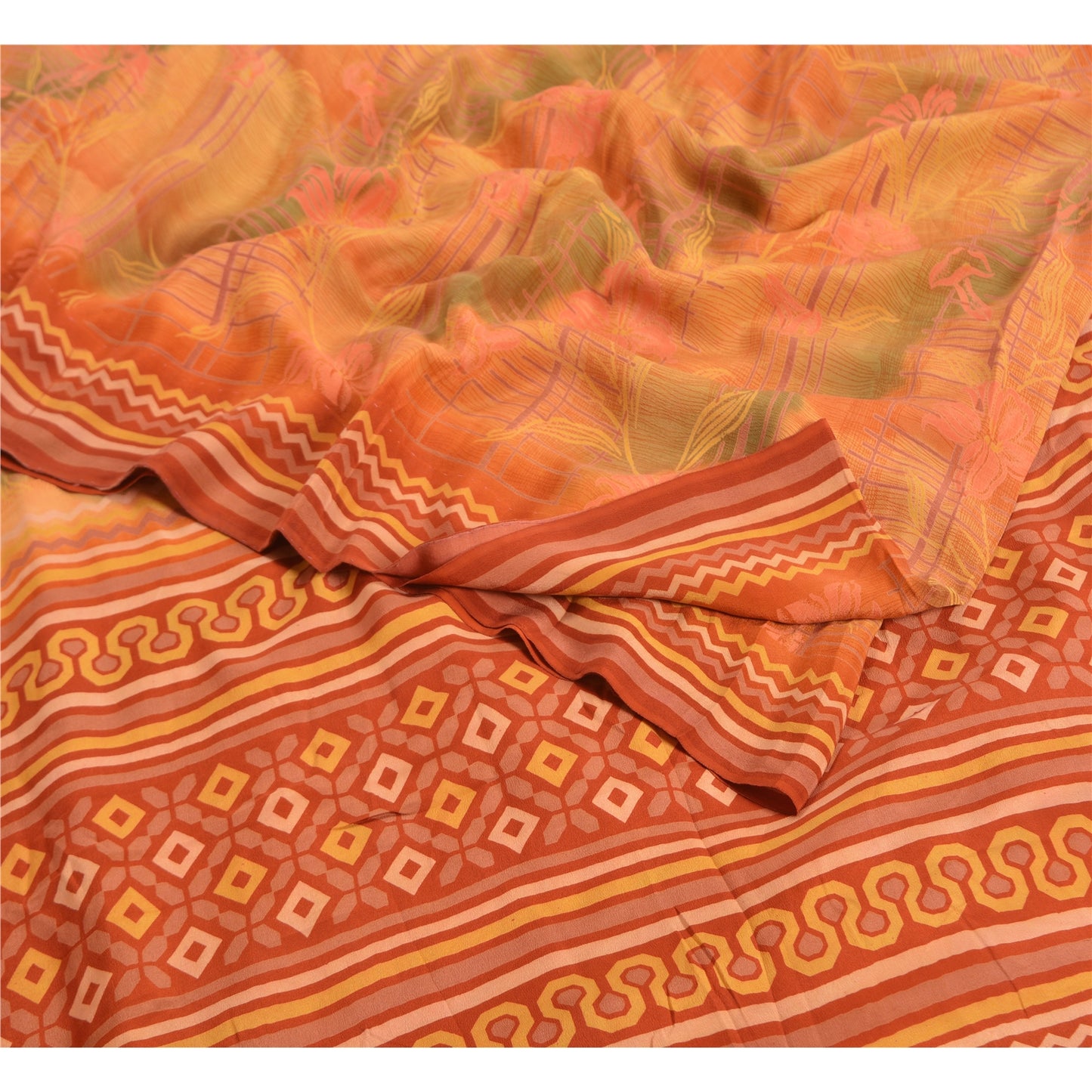 Sanskriti Vintage Sarees Orange 100% Pure Crepe Silk Printed Sari Craft Sustainable Fabric
