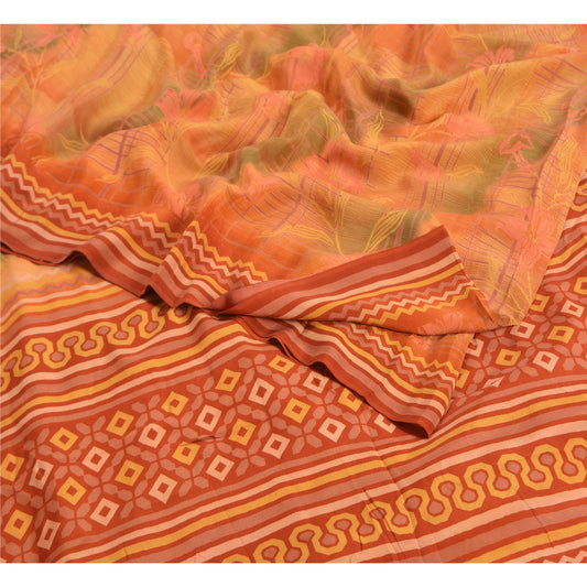 Sanskriti Vintage Sarees Orange 100% Pure Crepe Silk Printed Sari Craft Sustainable Fabric