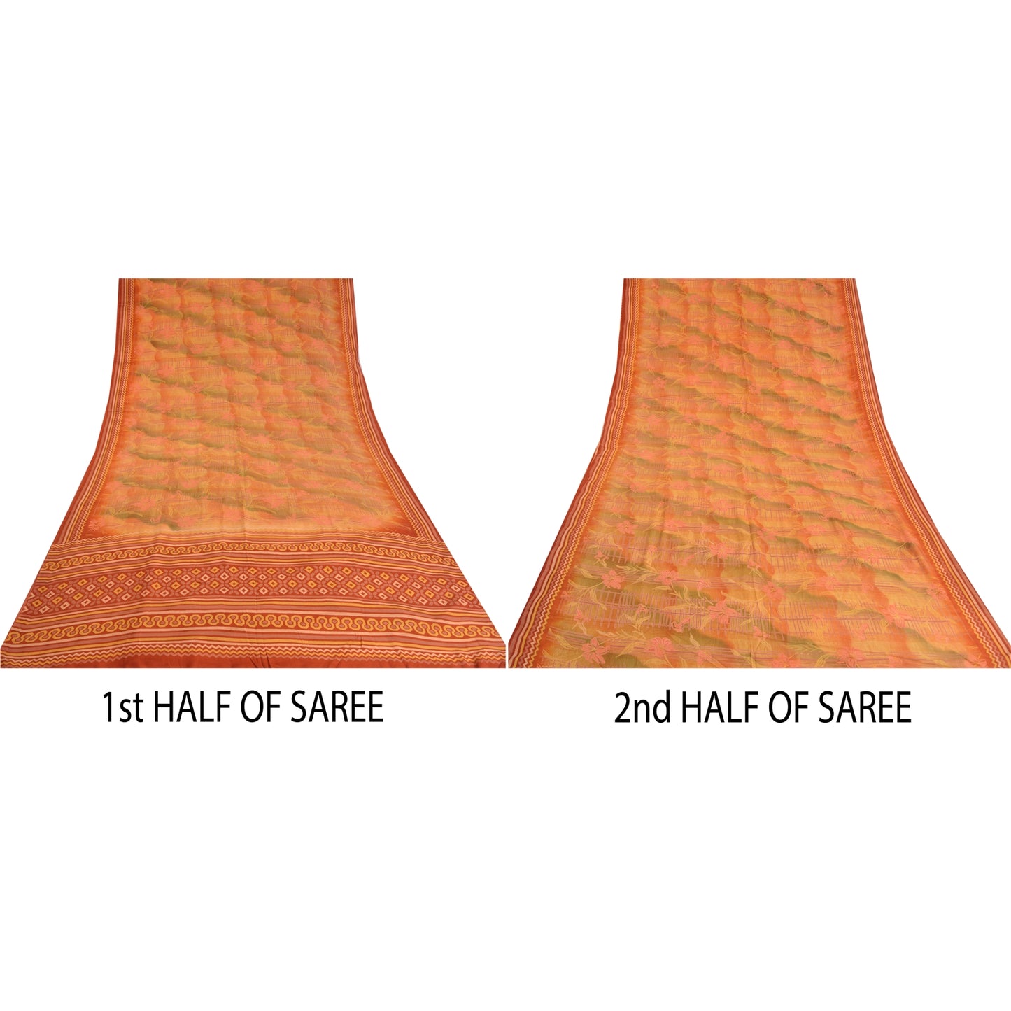 Sanskriti Vintage Sarees Orange 100% Pure Crepe Silk Printed Sari Craft Sustainable Fabric