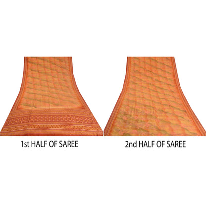 Sanskriti Vintage Sarees Orange 100% Pure Crepe Silk Printed Sari Craft Sustainable Fabric