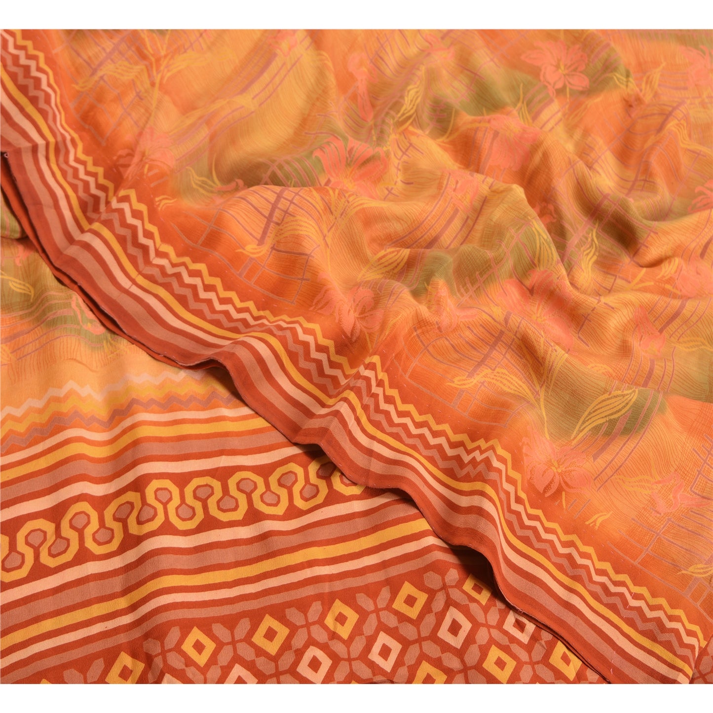 Sanskriti Vintage Sarees Orange 100% Pure Crepe Silk Printed Sari Craft Sustainable Fabric