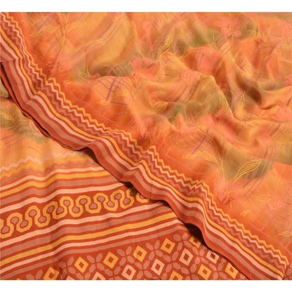Sanskriti Vintage Sarees Orange 100% Pure Crepe Silk Printed Sari Craft Sustainable Fabric