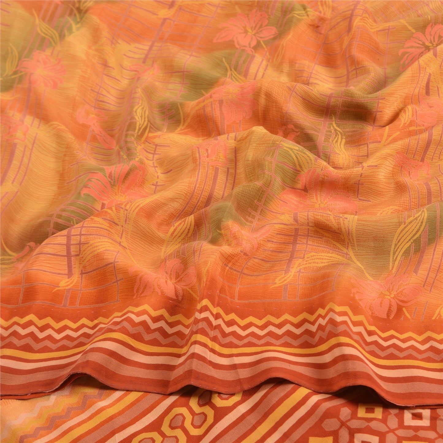 Sanskriti Vintage Sarees Orange 100% Pure Crepe Silk Printed Sari Craft Sustainable Fabric