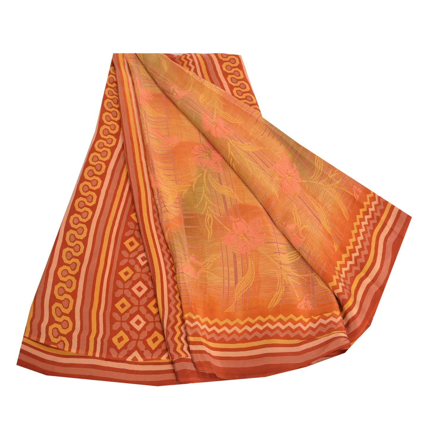Sanskriti Vintage Sarees Orange 100% Pure Crepe Silk Printed Sari Craft Sustainable Fabric