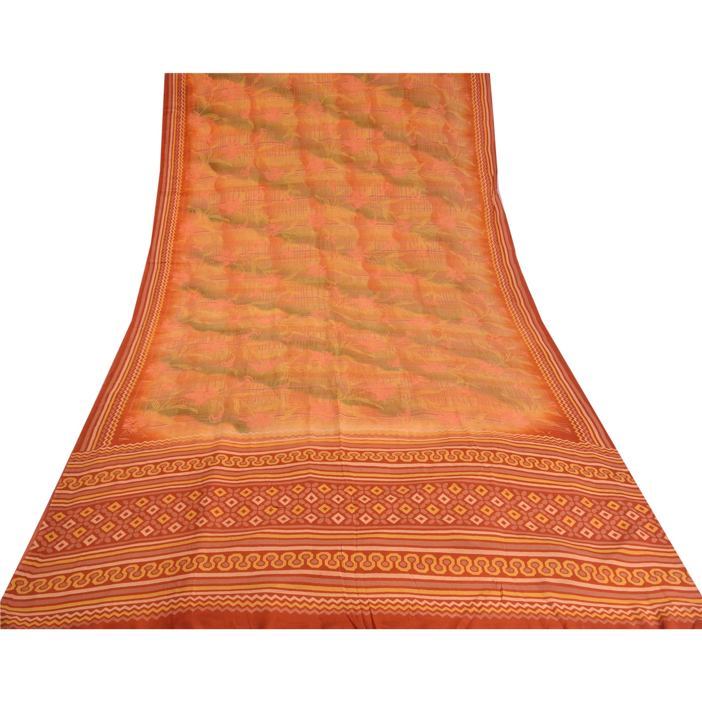 Sanskriti Vintage Sarees Orange 100% Pure Crepe Silk Printed Sari Craft Sustainable Fabric