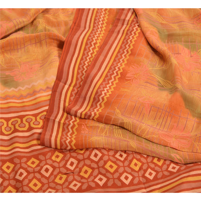 Sanskriti Vintage Sarees Orange 100% Pure Crepe Silk Printed Sari Craft Sustainable Fabric