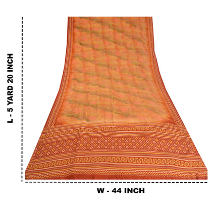 Sanskriti Vintage Sarees Orange 100% Pure Crepe Silk Printed Sari Craft Sustainable Fabric