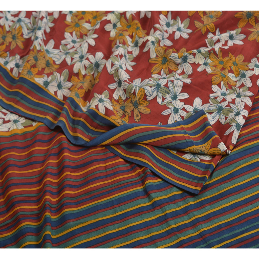Sanskriti Vintage Sarees Red Indian Pure Crepe Silk Printed Sari Craft Sustainable Fabric