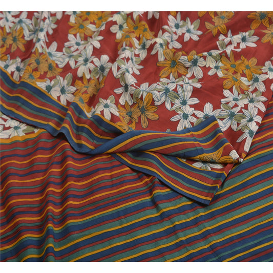 Sanskriti Vintage Sarees Red Indian Pure Crepe Silk Printed Sari Craft Sustainable Fabric