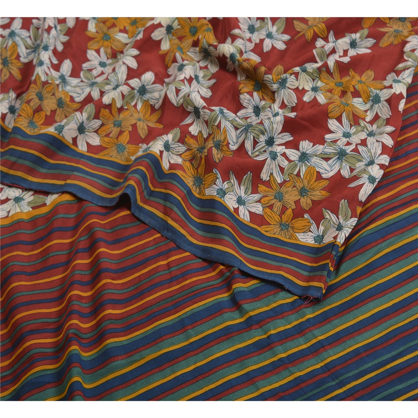 Sanskriti Vintage Sarees Red Indian Pure Crepe Silk Printed Sari Craft Sustainable Fabric