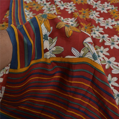 Sanskriti Vintage Sarees Red Indian Pure Crepe Silk Printed Sari Craft Sustainable Fabric