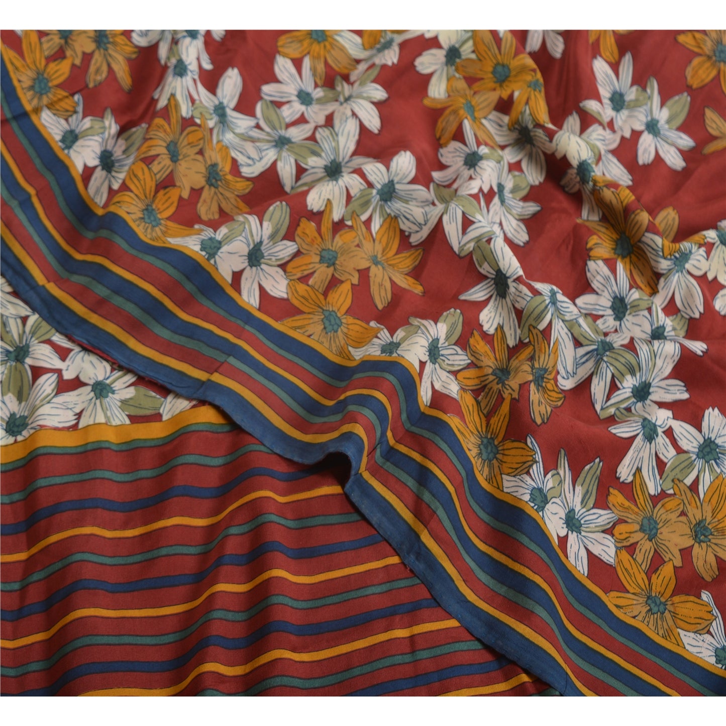 Sanskriti Vintage Sarees Red Indian Pure Crepe Silk Printed Sari Craft Sustainable Fabric