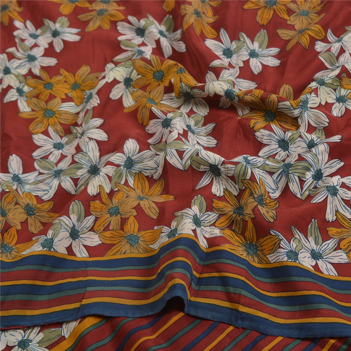 Sanskriti Vintage Sarees Red Indian Pure Crepe Silk Printed Sari Craft Sustainable Fabric