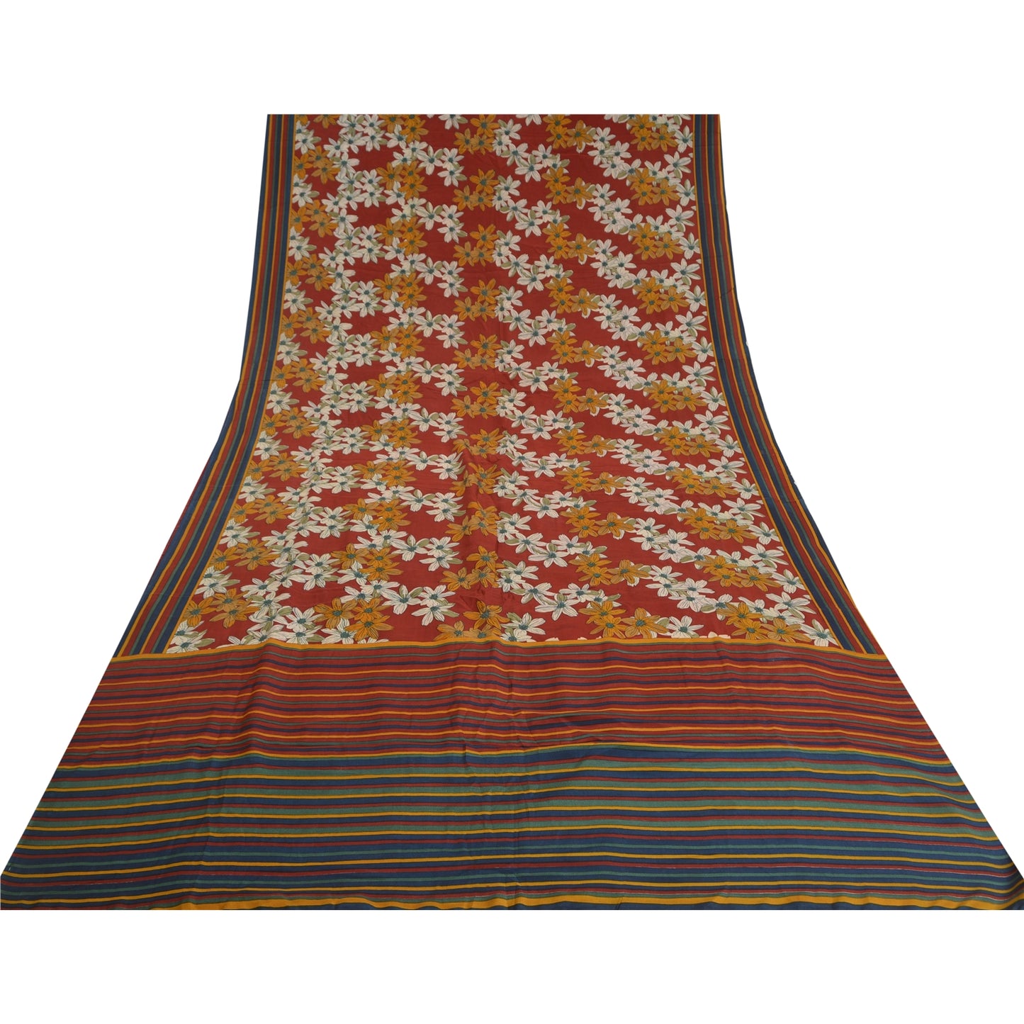 Sanskriti Vintage Sarees Red Indian Pure Crepe Silk Printed Sari Craft Sustainable Fabric