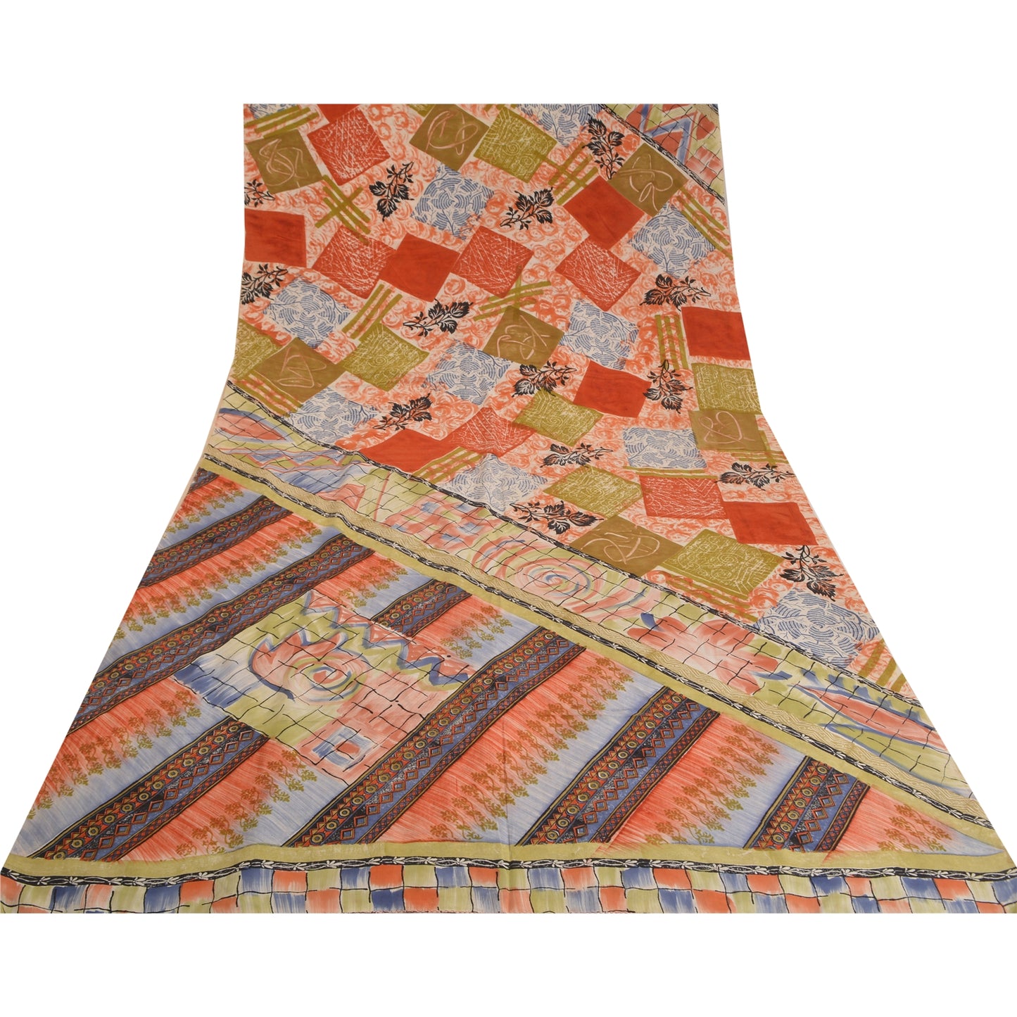 Sanskriti Vintage Sarees Multi 100% Pure Crepe Silk Printed Sari Craft Sustainable Fabric