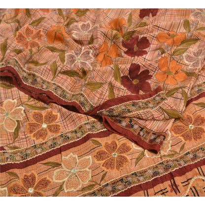 Sanskriti Vintage Sarees Peach Embroidered Pure Crepe Silk Printed Sari Sustainable Fabric