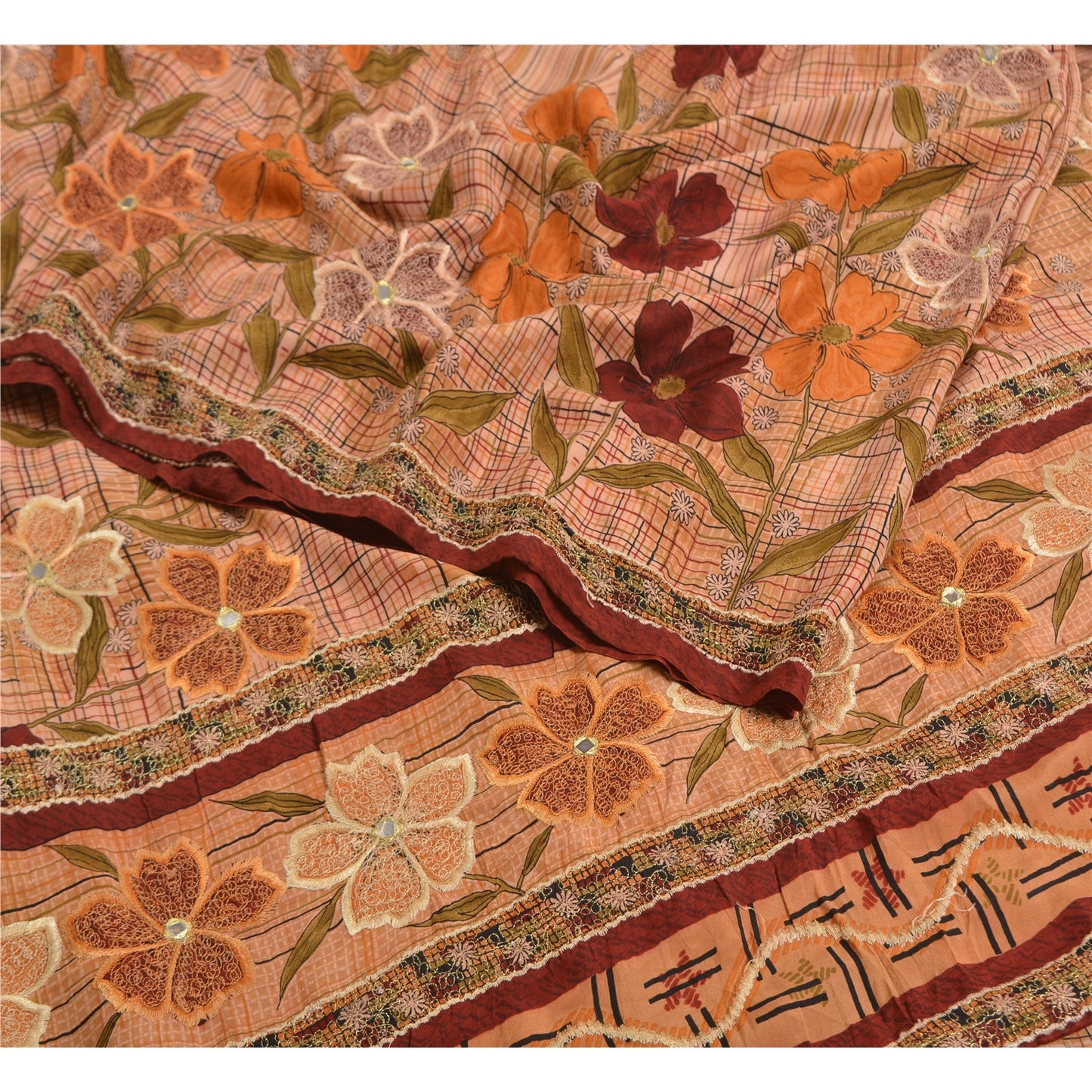 Sanskriti Vintage Sarees Peach Embroidered Pure Crepe Silk Printed Sari Sustainable Fabric