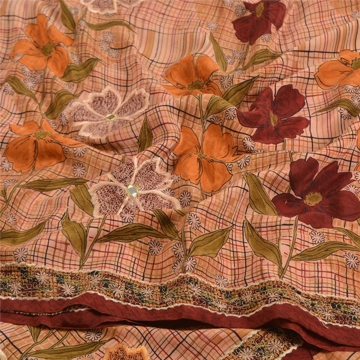 Sanskriti Vintage Sarees Peach Embroidered Pure Crepe Silk Printed Sari Sustainable Fabric