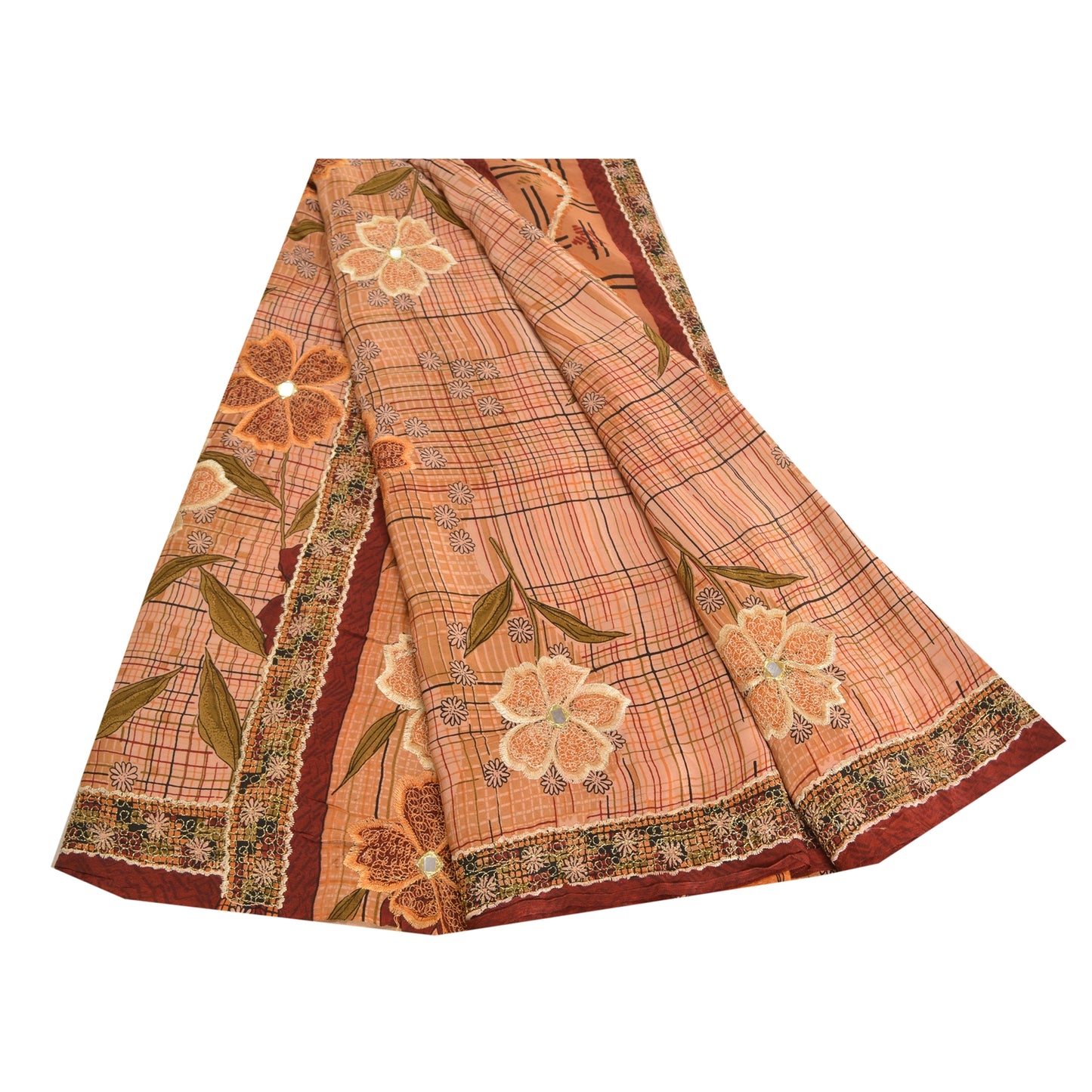 Sanskriti Vintage Sarees Peach Embroidered Pure Crepe Silk Printed Sari Sustainable Fabric