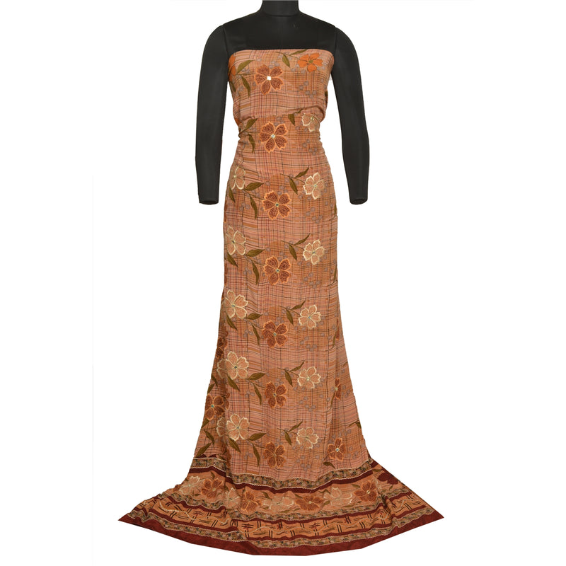 Sanskriti Vintage Sarees Peach Embroidered Pure Crepe Silk Printed Sari Sustainable Fabric