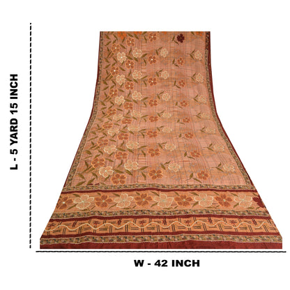 Sanskriti Vintage Sarees Peach Embroidered Pure Crepe Silk Printed Sari Sustainable Fabric