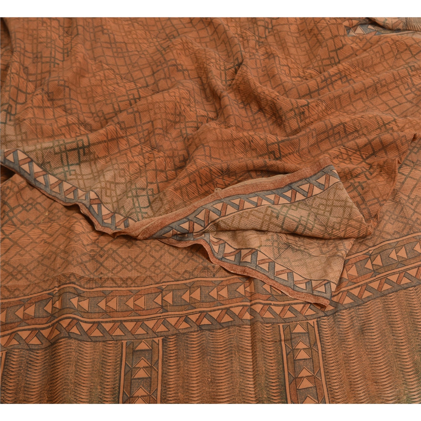 Sanskriti Vintage Sarees Brown 100% Pure Crepe Silk Printed Sari Craft Sustainable Fabric