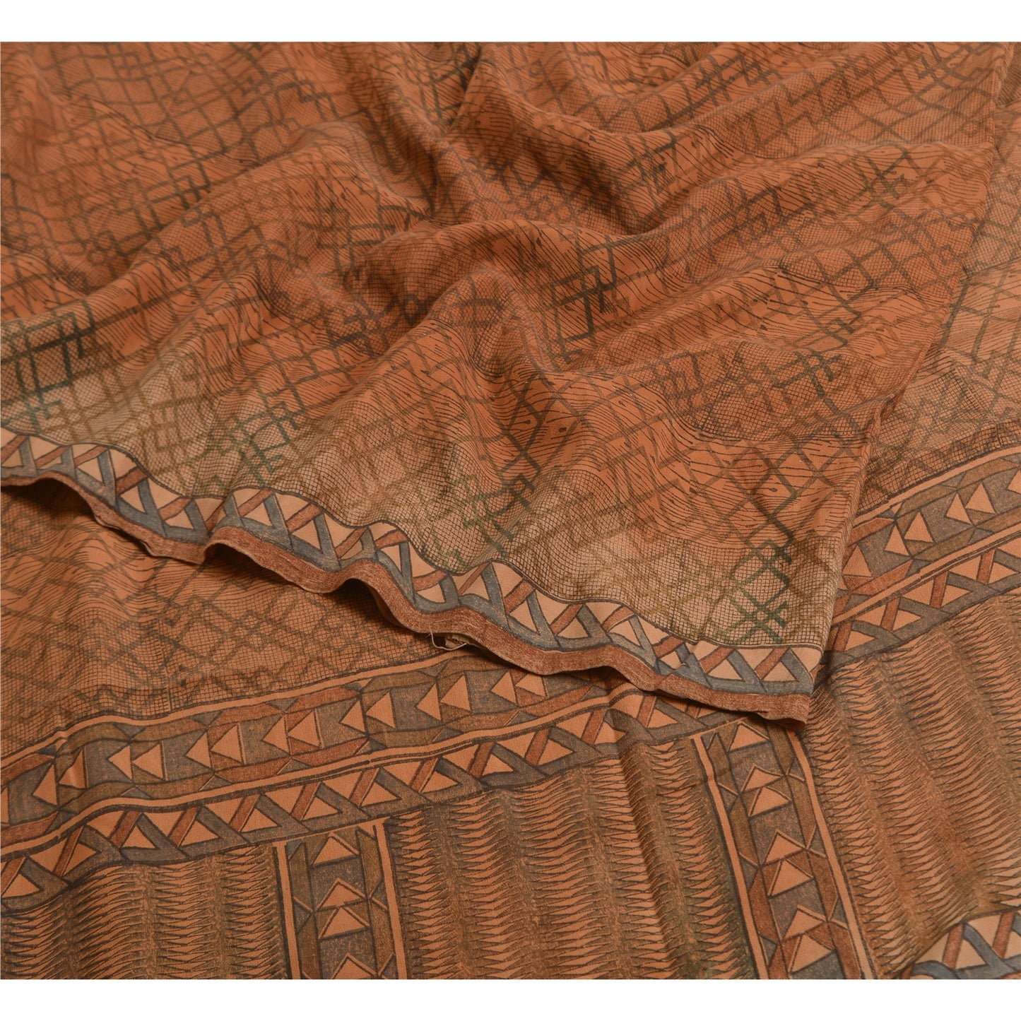 Sanskriti Vintage Sarees Brown 100% Pure Crepe Silk Printed Sari Craft Sustainable Fabric