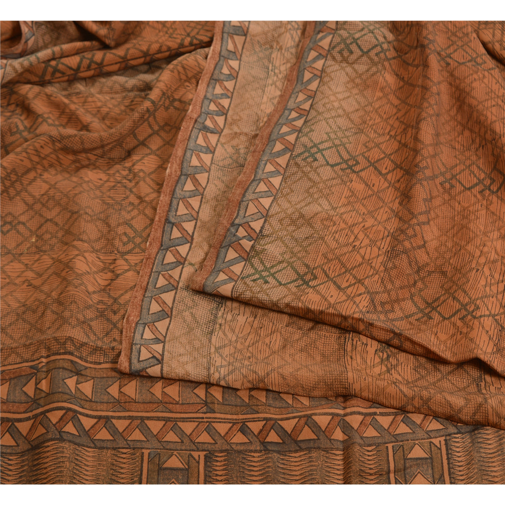 Sanskriti Vintage Sarees Brown 100% Pure Crepe Silk Printed Sari Craft Sustainable Fabric