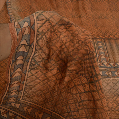 Sanskriti Vintage Sarees Brown 100% Pure Crepe Silk Printed Sari Craft Sustainable Fabric