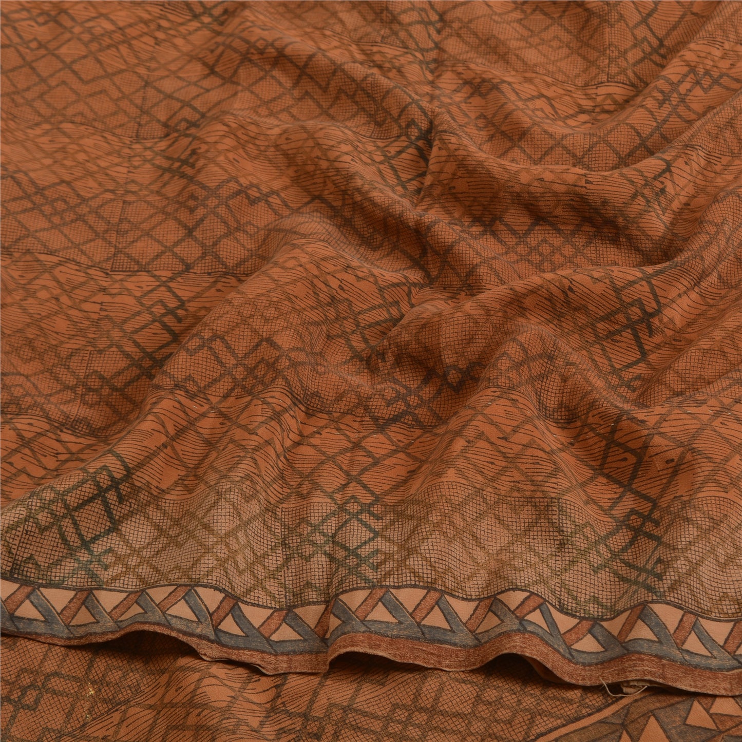 Sanskriti Vintage Sarees Brown 100% Pure Crepe Silk Printed Sari Craft Sustainable Fabric