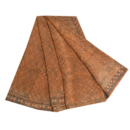 Sanskriti Vintage Sarees Brown 100% Pure Crepe Silk Printed Sari Craft Sustainable Fabric
