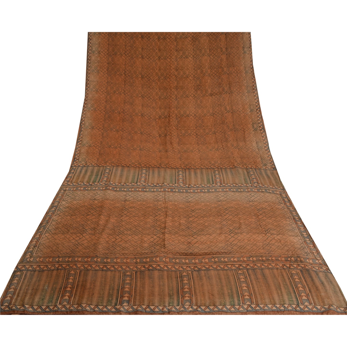 Sanskriti Vintage Sarees Brown 100% Pure Crepe Silk Printed Sari Craft Sustainable Fabric
