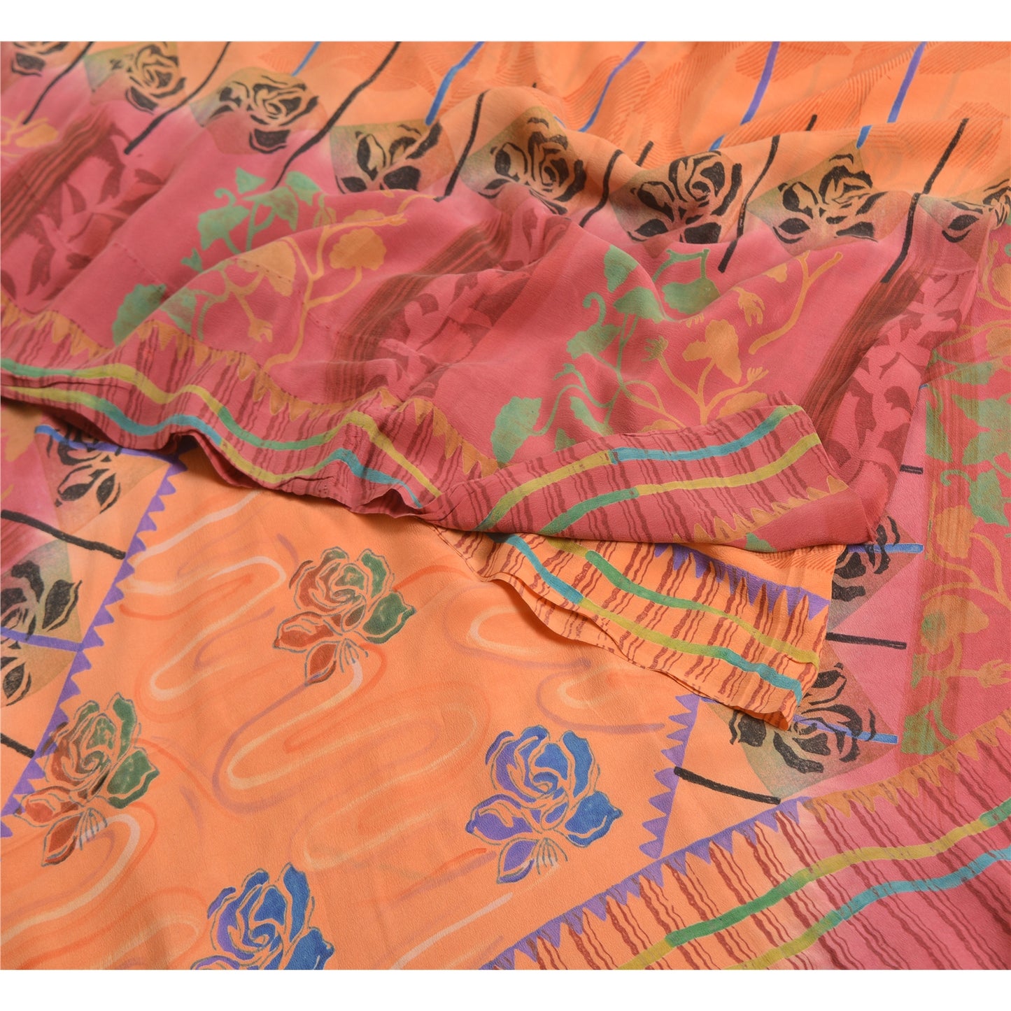 Sanskriti Vintage Sarees Fersken/Pink Ren Crepe Silke Trykt Sari Håndværk Bæredygtigt Stoff