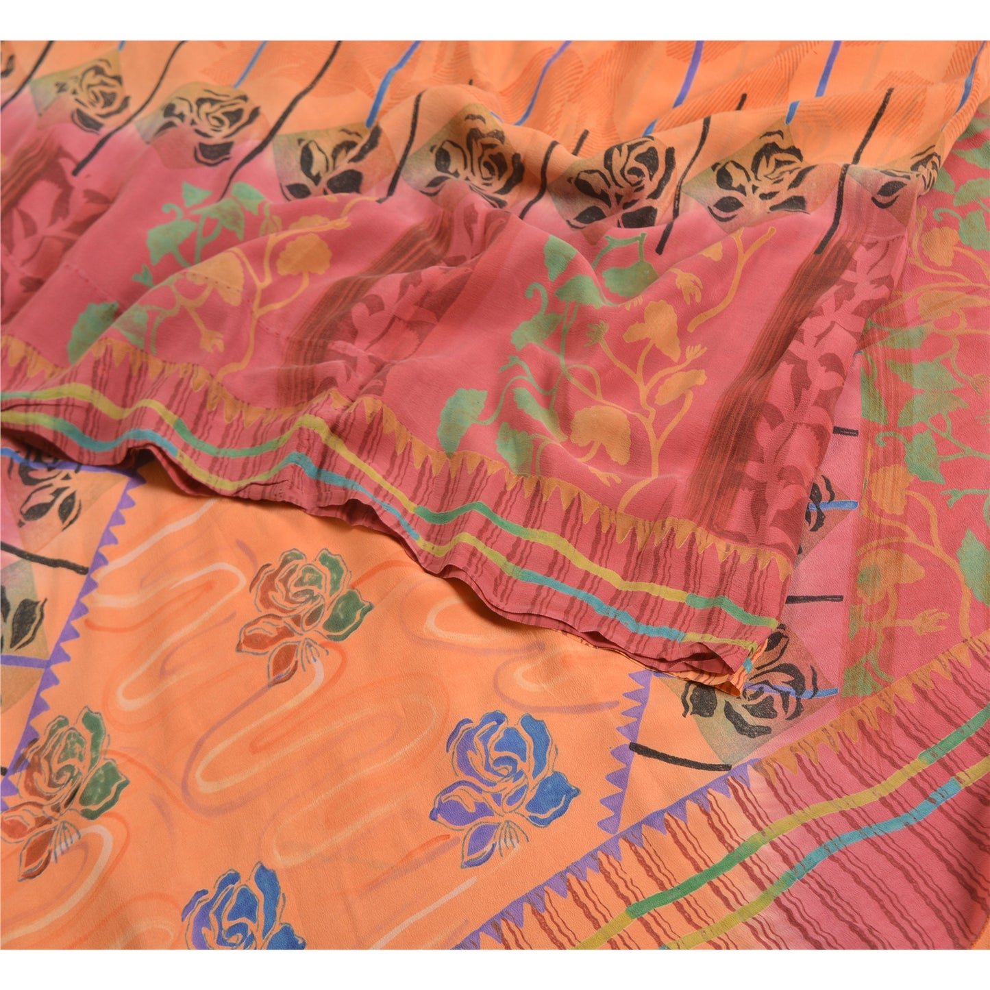 Sanskriti Vintage Sarees Fersken/Pink Ren Crepe Silke Trykt Sari Håndværk Bæredygtigt Stoff
