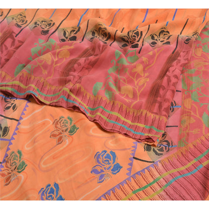 Sanskriti Vintage Sarees Fersken/Pink Ren Crepe Silke Trykt Sari Håndværk Bæredygtigt Stoff