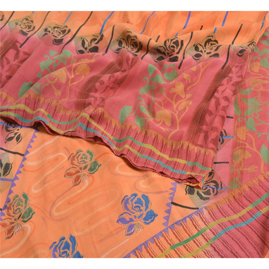 Sanskriti Vintage Sarees Peach/Pink Pure Crepe Silk Printed Sari Craft Sustainable Fabric