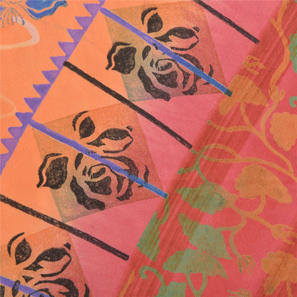 Sanskriti Vintage Sarees Fersken/Pink Ren Crepe Silke Trykt Sari Håndværk Bæredygtigt Stoff