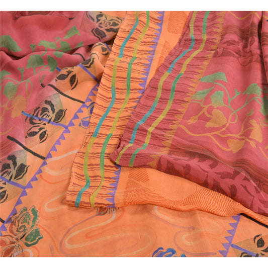 Sanskriti Vintage Sarees Peach/Pink Pure Crepe Silk Printed Sari Craft Sustainable Fabric