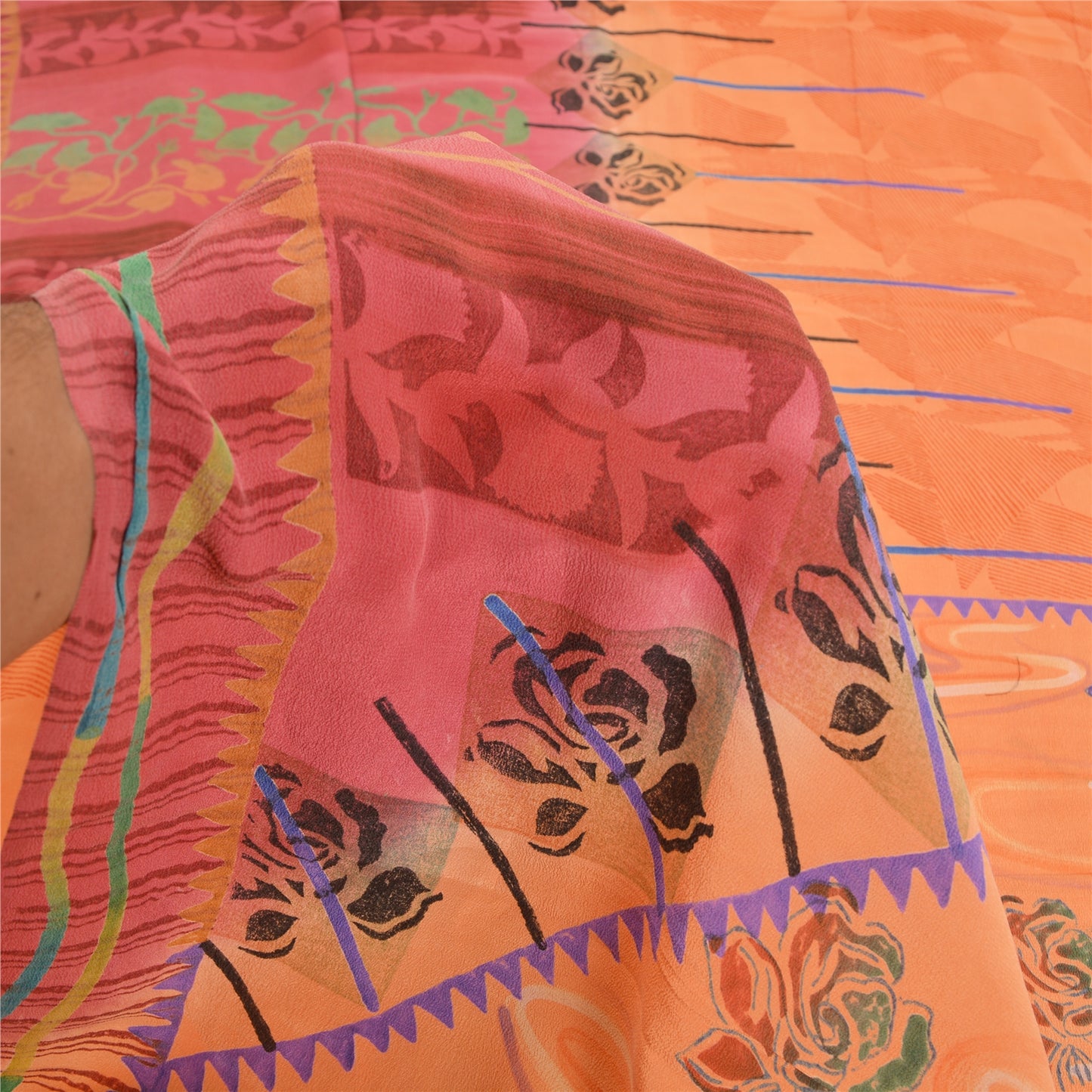 Sanskriti Vintage Sarees Fersken/Pink Ren Crepe Silke Trykt Sari Håndværk Bæredygtigt Stoff