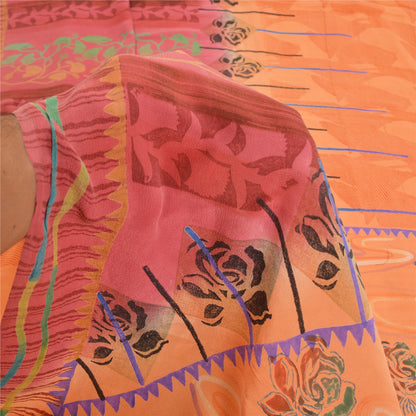 Sanskriti Vintage Sarees Fersken/Pink Ren Crepe Silke Trykt Sari Håndværk Bæredygtigt Stoff