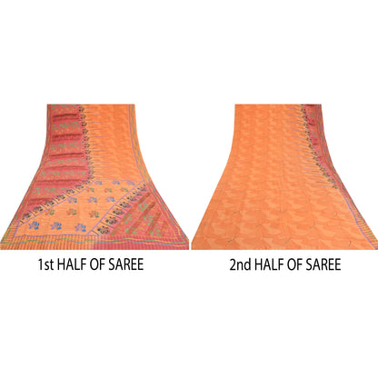 Sanskriti Vintage Sarees Fersken/Pink Ren Crepe Silke Trykt Sari Håndværk Bæredygtigt Stoff