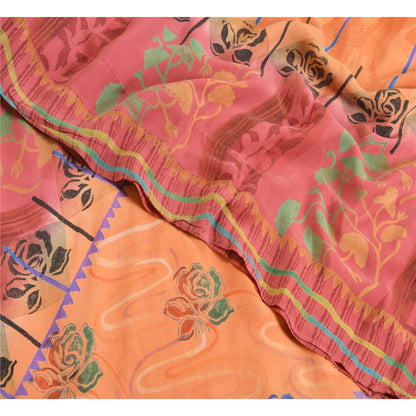 Sanskriti Vintage Sarees Fersken/Pink Ren Crepe Silke Trykt Sari Håndværk Bæredygtigt Stoff